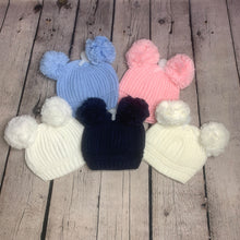 Load image into Gallery viewer, Baby Knitted Double Bobble Hat 0-12 Months Blue White Pink Cream Navy