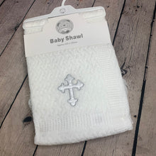 Load image into Gallery viewer, White Christening Baptism Shawl for Baby Cross Silver 120 x 120 cms