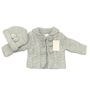 Baby Boys Girls Grey Knitted Jacket Cardigan with Hat & Bobbles Grey