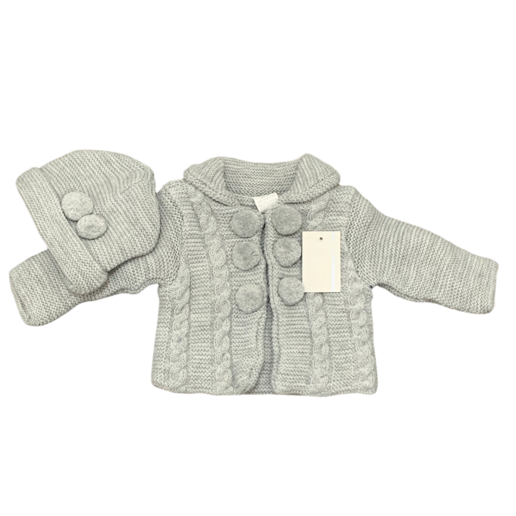 Baby Boys Girls Grey Knitted Jacket Cardigan with Hat & Bobbles Grey