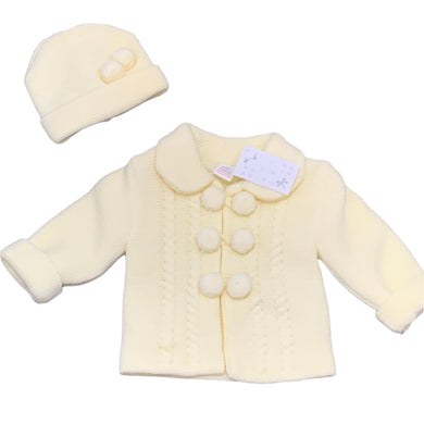 Baby Boys Girls Lemon Yellow Knitted Jacket Cardigan with Hat & Bobbles