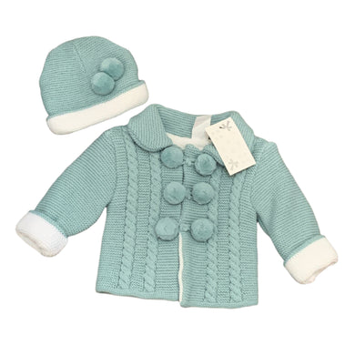 Baby Boys Girls Green and White Knitted Jacket Cardigan with Hat & Bobbles