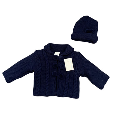 Baby Boys Girls Navy Blue Knitted Jacket Cardigan with Hat & Bobbles