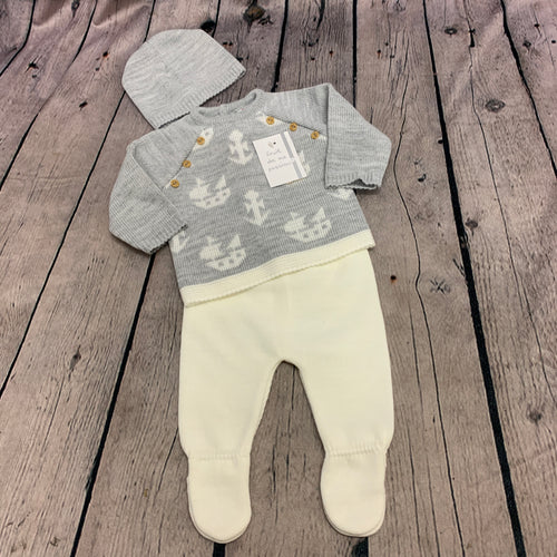 Baby Boy's Grey Newborn Spanish Knitted 3 Piece Outfit