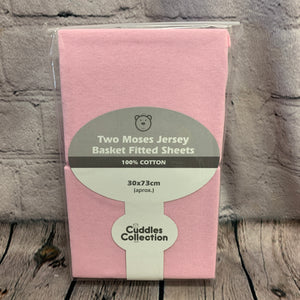 Pram or Moses Basket Fitted Cotton Interlock Sheets - Pink 73 x 30 cms