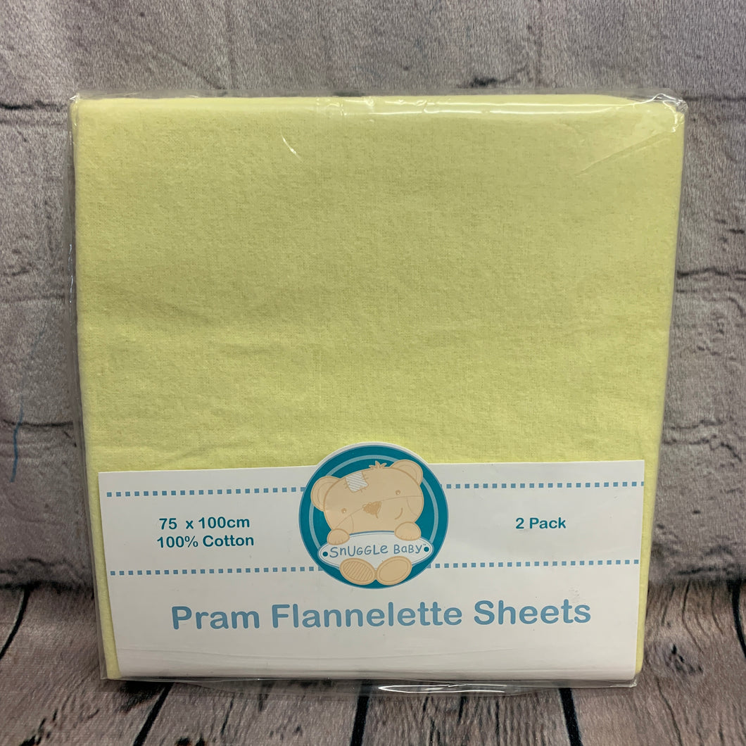 Pram or Moses Basket Flat Flannelette Sheets - Yellow 75 x 100 cms