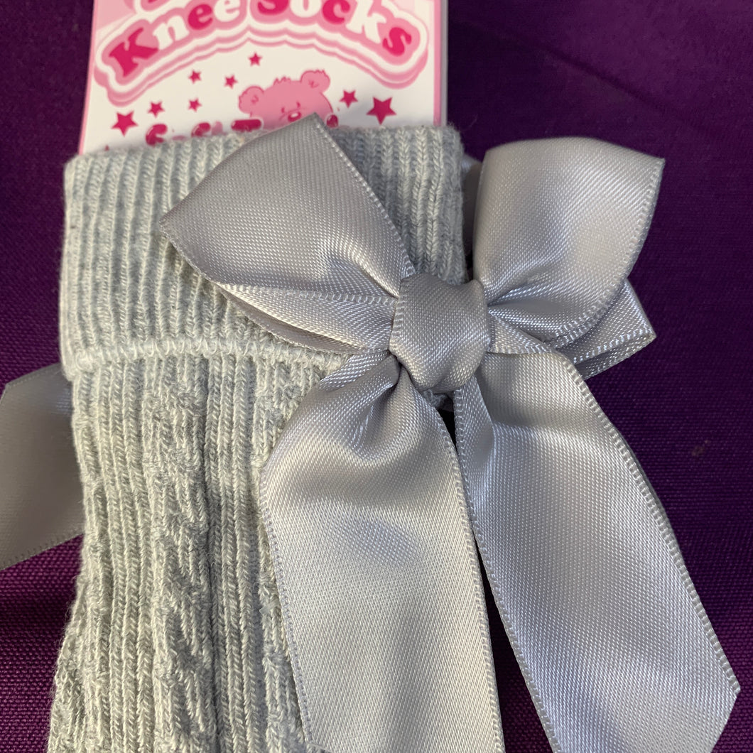 Baby Knee Long Socks Grey Satin Bow