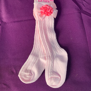 Baby Knee Long Socks Pink with Pink Rosette & Pink Satin Bow