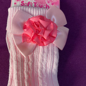 Baby Knee Long Socks Pink with Rosette & Satin Bow