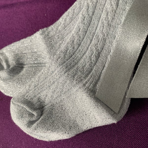 Baby Knee Long Socks Pale Silver with Sparkle & Satin Bow