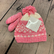 Load image into Gallery viewer, Baby Knitted Hat with Mitts 0-6  6-12  Months Pink &amp; White Fleece Lined