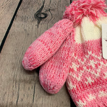 Load image into Gallery viewer, Baby Knitted Hat with Mitts 0-6  6-12  Months Pink &amp; White Fleece Lined