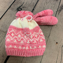Load image into Gallery viewer, Baby Knitted Hat with Mitts 0-6  6-12  Months Pink &amp; White Fleece Lined