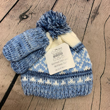 Load image into Gallery viewer, Baby Knitted Hat with Mitts 0-6  6-12  Months Blue &amp; White Fleece Lined