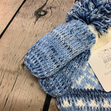 Load image into Gallery viewer, Baby Knitted Hat with Mitts 0-6  6-12  Months Blue &amp; White Fleece Lined