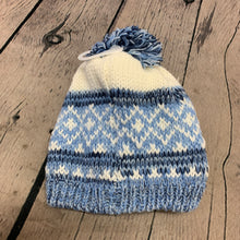 Load image into Gallery viewer, Baby Knitted Hat with Mitts 0-6  6-12  Months Blue &amp; White Fleece Lined