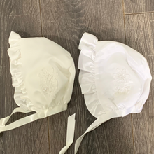 Load image into Gallery viewer, White or Cream Satin Baby Christening Bonnet