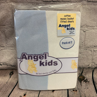 Pram or Moses Basket Fitted Sheets White & Pale Blue 30 x 74 cms