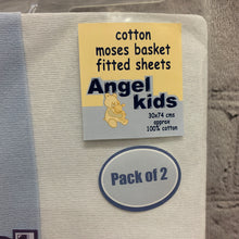 Load image into Gallery viewer, Pram or Moses Basket Fitted Sheets White &amp; Pale Blue 30 x 74 cms