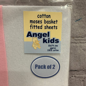 Pram or Moses Basket Fitted Sheets White & Pink 30 x 74 cms