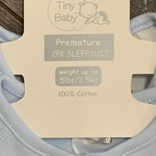 Load image into Gallery viewer, Premature Baby Sleepsuits 100% Cotton Upto 5LBS Blue &amp; White Pack of 2