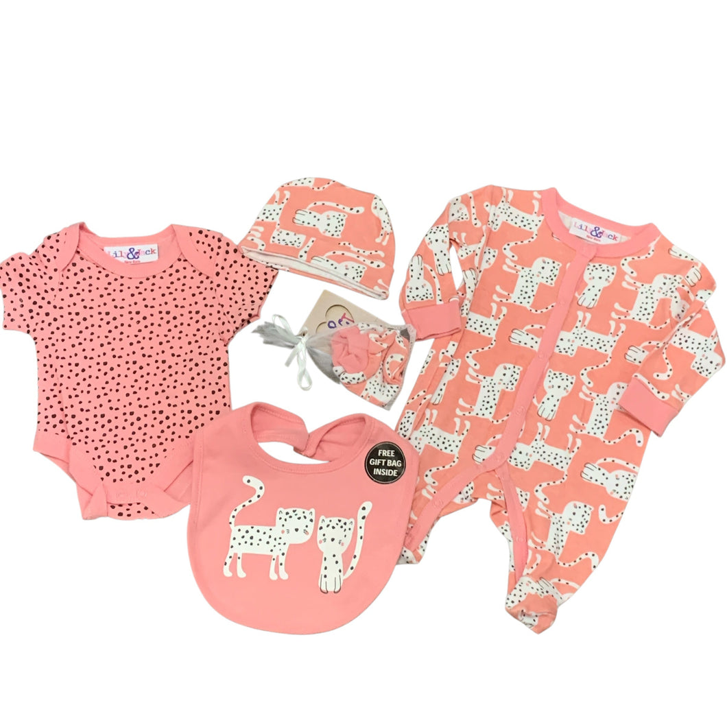 Baby Girls 5 Piece Outfit Pink with Cat Design