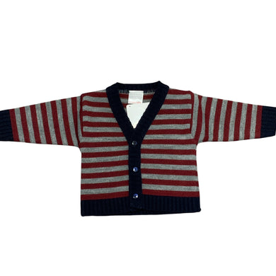 Baby Boys Red & Grey Striped Cardigan With Navy Blue Edging