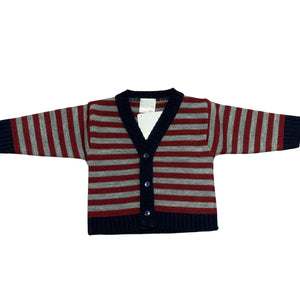 Baby Boys Red & Grey Striped Cardigan With Navy Blue Edging
