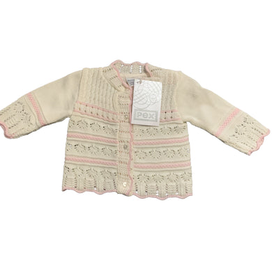 Baby Girls Knitted Round Neck Lacey Cardigan Scallopped Edges White & Pink
