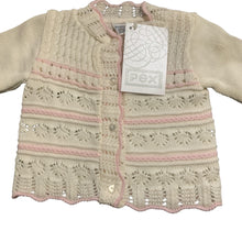 Load image into Gallery viewer, Baby Girls Knitted Round Neck Lacey Cardigan Scallopped Edges White &amp; Pink