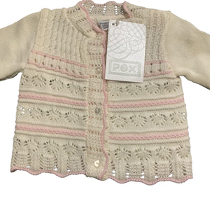 Baby Girls Knitted Round Neck Lacey Cardigan Scallopped Edges White & Pink