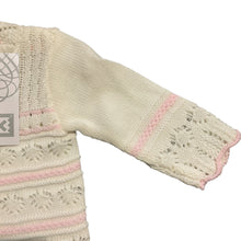 Load image into Gallery viewer, Baby Girls Knitted Round Neck Lacey Cardigan Scallopped Edges White &amp; Pink
