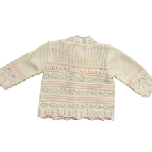 Load image into Gallery viewer, Baby Girls Knitted Round Neck Lacey Cardigan Scallopped Edges White &amp; Pink