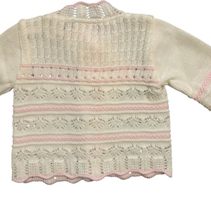 Baby Girls Knitted Round Neck Lacey Cardigan Scallopped Edges White & Pink