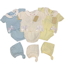 Load image into Gallery viewer, Baby Girl's Knitted 3 PieceOutfit White Blue Lemon Yellow