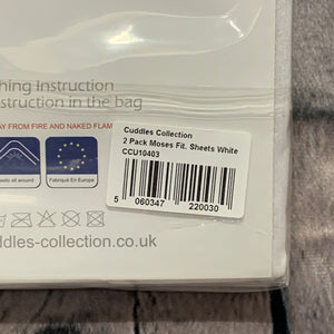 Pram or Moses Basket Fitted Cotton Interlock Sheets - White  73 x 30 cms