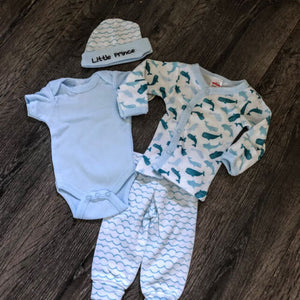 Newborn Baby Boy's 4 Piece Outfit Romper Blue & White
