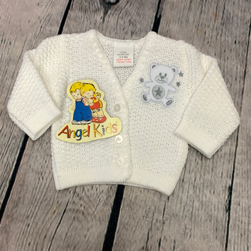 Tiny Baby and Premature baby Boy's  Girl's White Cardigan with Grey Teddy Bear