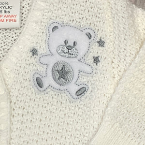 Tiny Baby and Premature baby Boy's  Girl's White Cardigan with Grey Teddy Bear