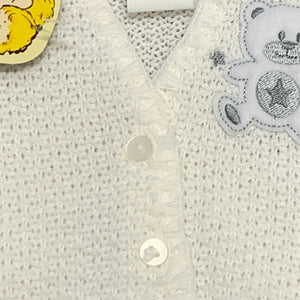 Tiny Baby and Premature baby Boy's  Girl's White Cardigan with Grey Teddy Bear
