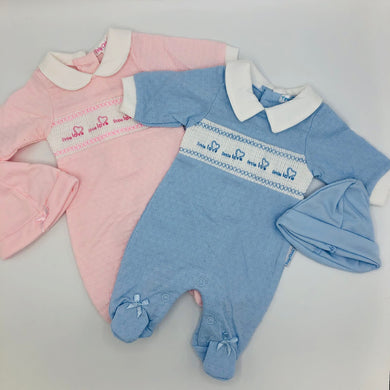 Premature Preemie Prem Tiny Baby Girl's or Boy's all in one Outfit with Smocking- Pink or Blue