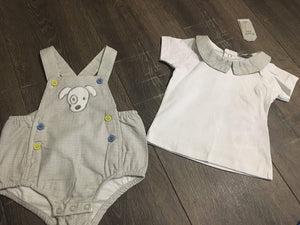 Baby Boy's 2 Piece Suit White & Grey Cotton Romper - 9097