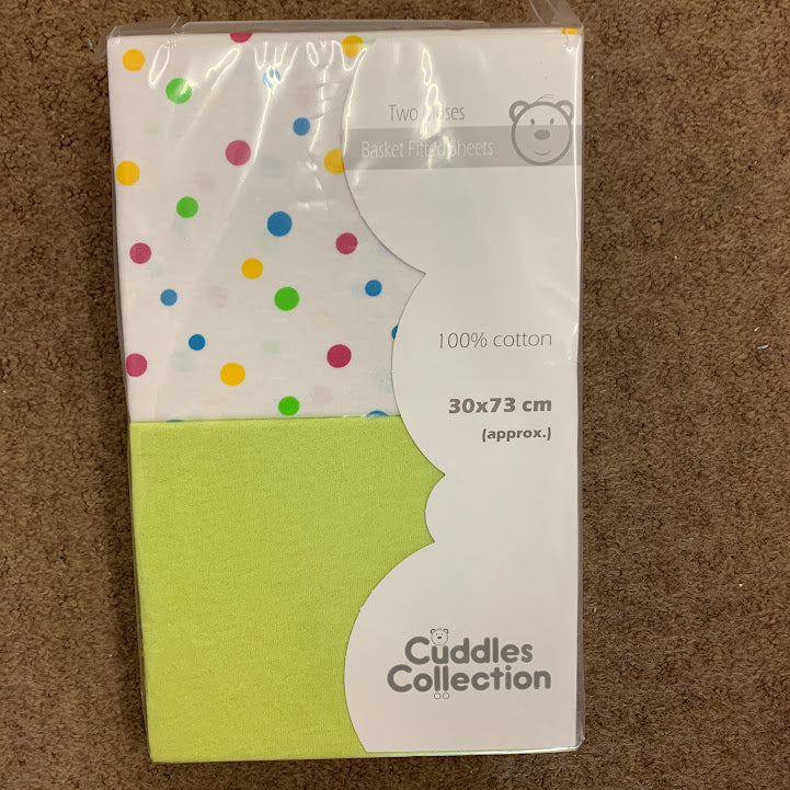 Pram or Moses Cotton Interlock Fitted Sheets Fits Up To 30 x 73 cms Lime/Spot