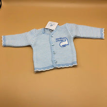 Load image into Gallery viewer, Tiny Baby and Premature baby Boy&#39;s cardigan in Blue Dinosaur Applique